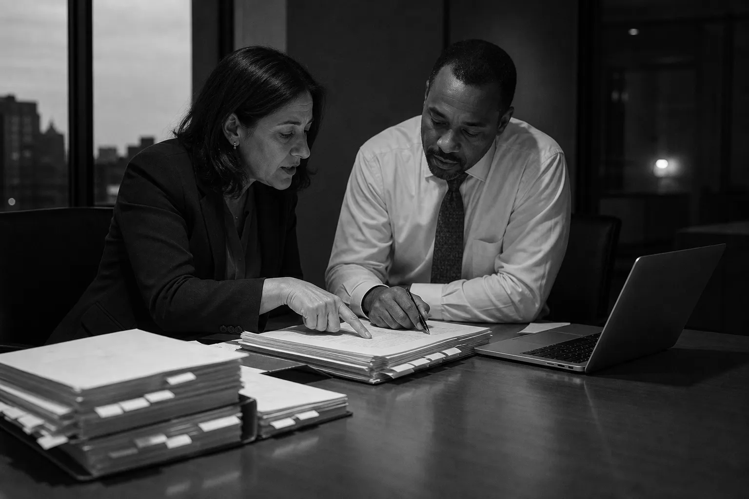 Two attorneys at a small litigation firm reviewing case documents together.