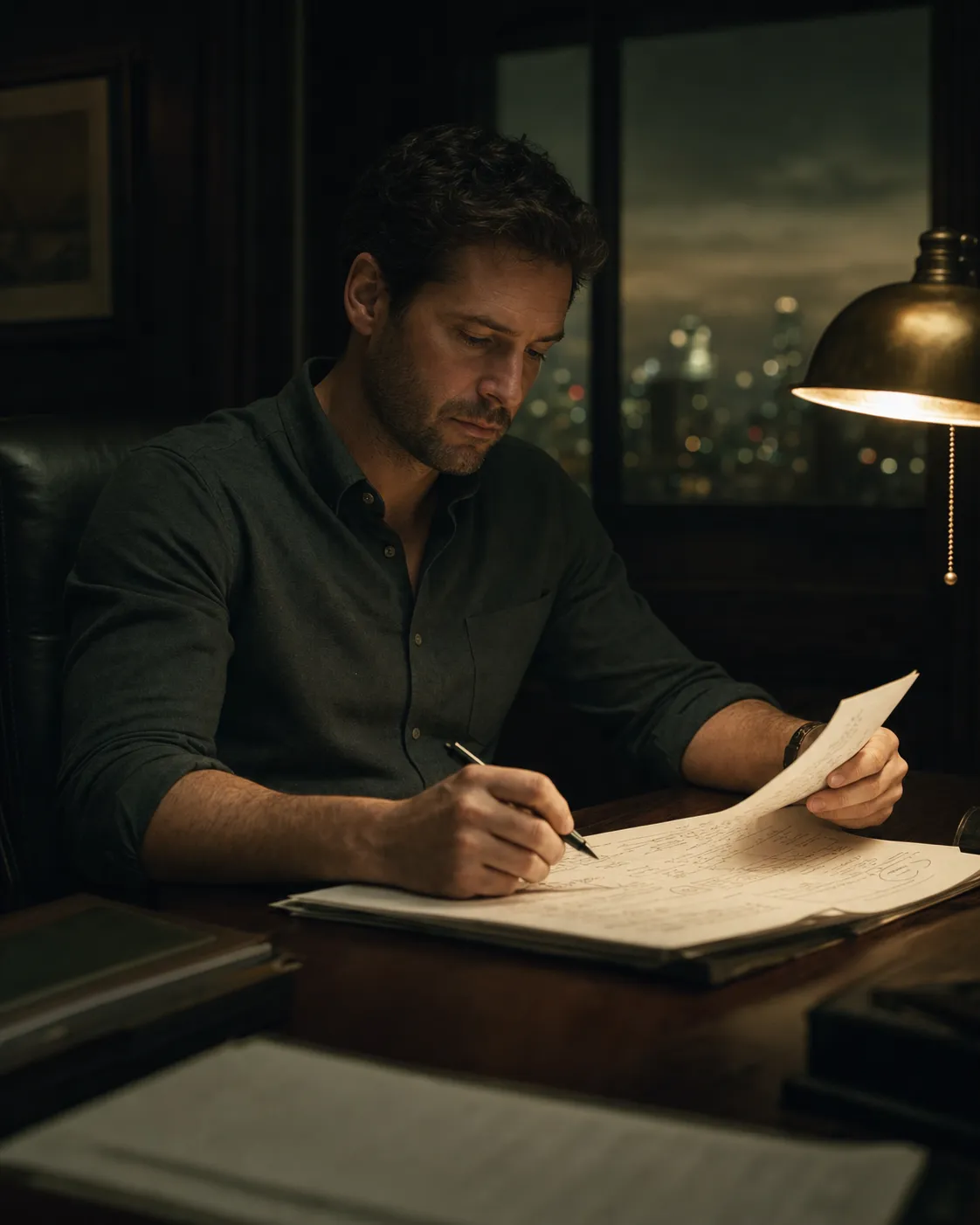 A solo litigator working alone at night, reviewing a case file at their desk.