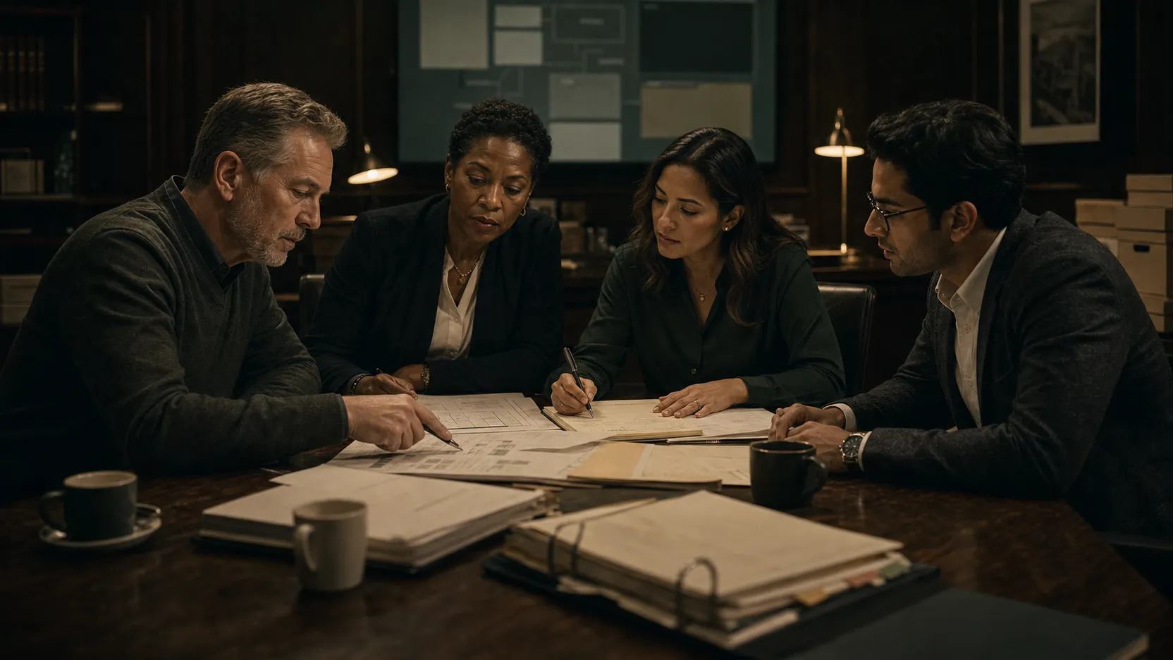 A litigation team collaborating around a conference table.